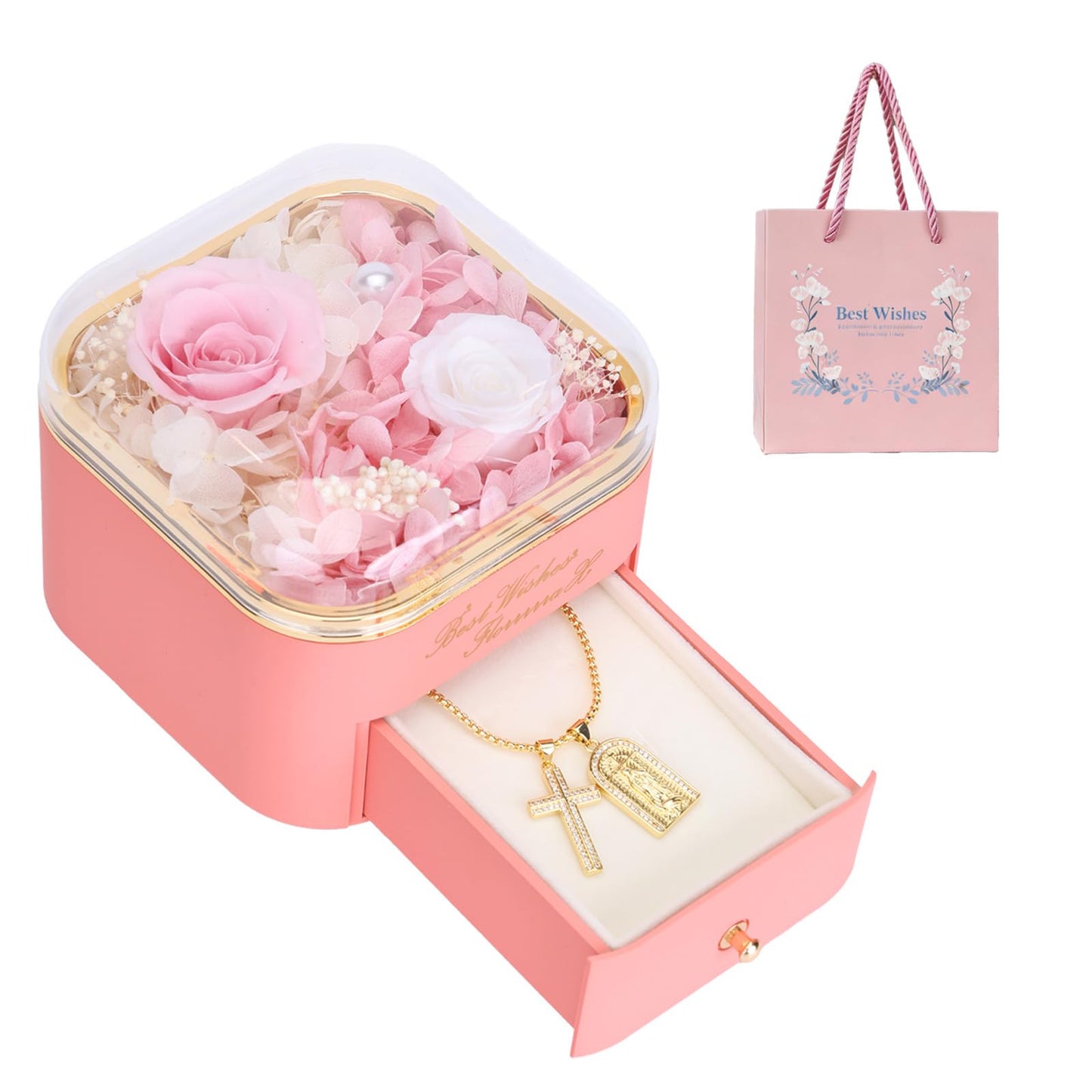 Preserved Pink Rose with Cross Golden Necklace,Eternal Rose Gift Set in Premium-Quality Pink Gift Box,Atmospheric Pink Setting for Mother’s Day,Birthday,Anniversary,Graduation,Valentine’s Day