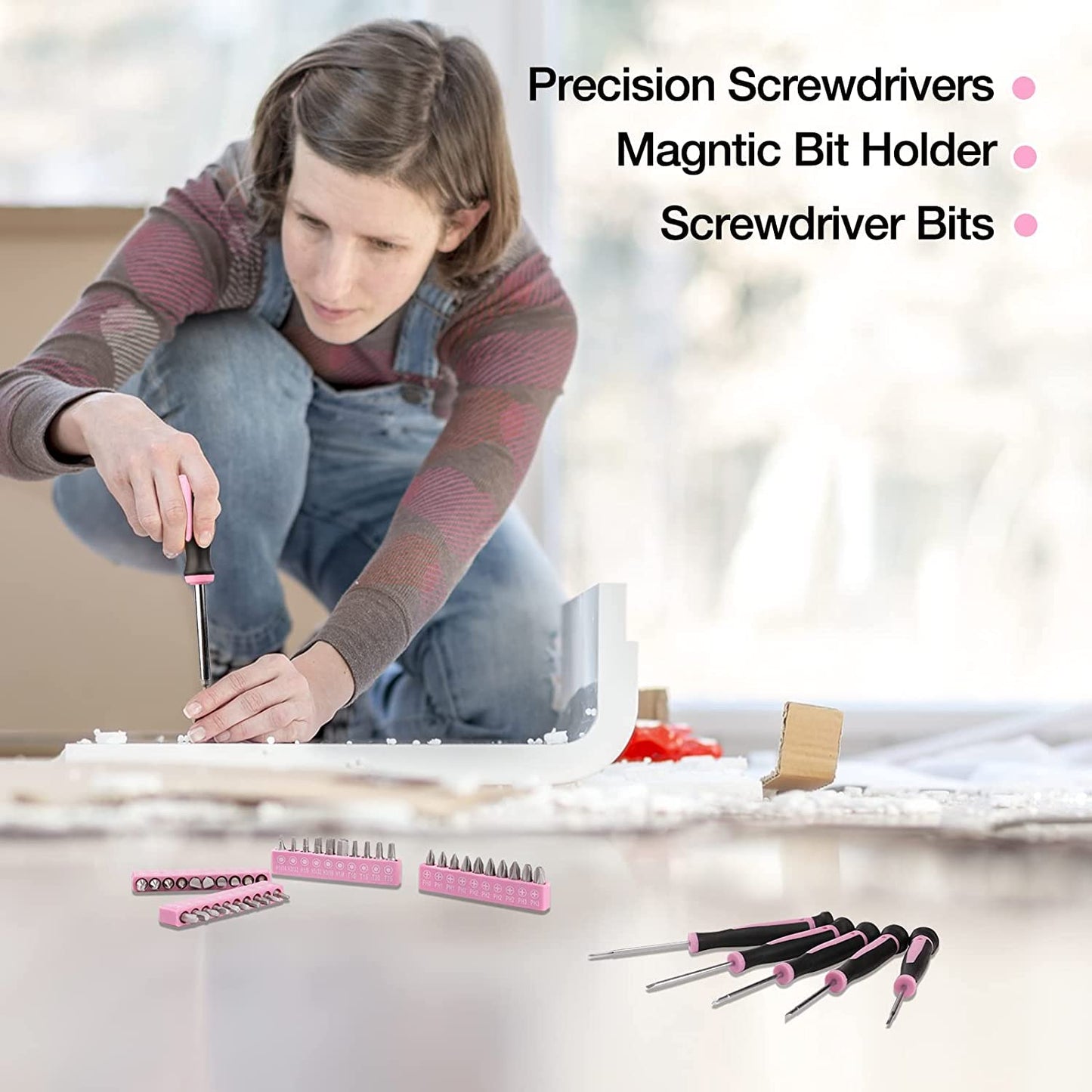 39 Piece All Purpose Basic Household Pink Tool Kit for Women - Small Tool Set with Toolbox Great for Home, Garage, Office and College Dormitory Use