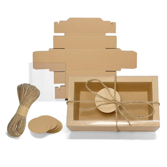 H.J. Immbir 30 Sets Kraft Gift Boxes Rectangle Kraft Paper Drawer Box with Window Homemade Soap Box with Blank Tags and Jute String for Birthday Christmas Weddings