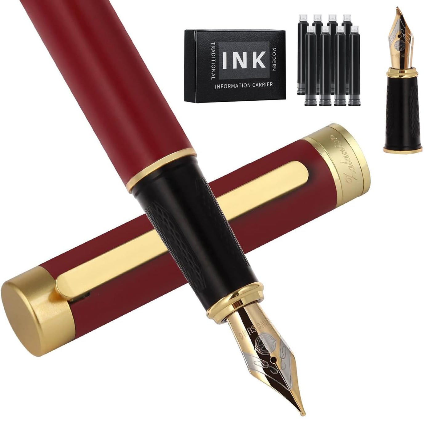 Zalantan Fountain pen, Stunning luxury pen, Nice pen gift, pure copper heavy feel Office Executive Pen Smooth Writing Pens for Men Funcy Pens with Gift Case 10 black cartridges (Red)