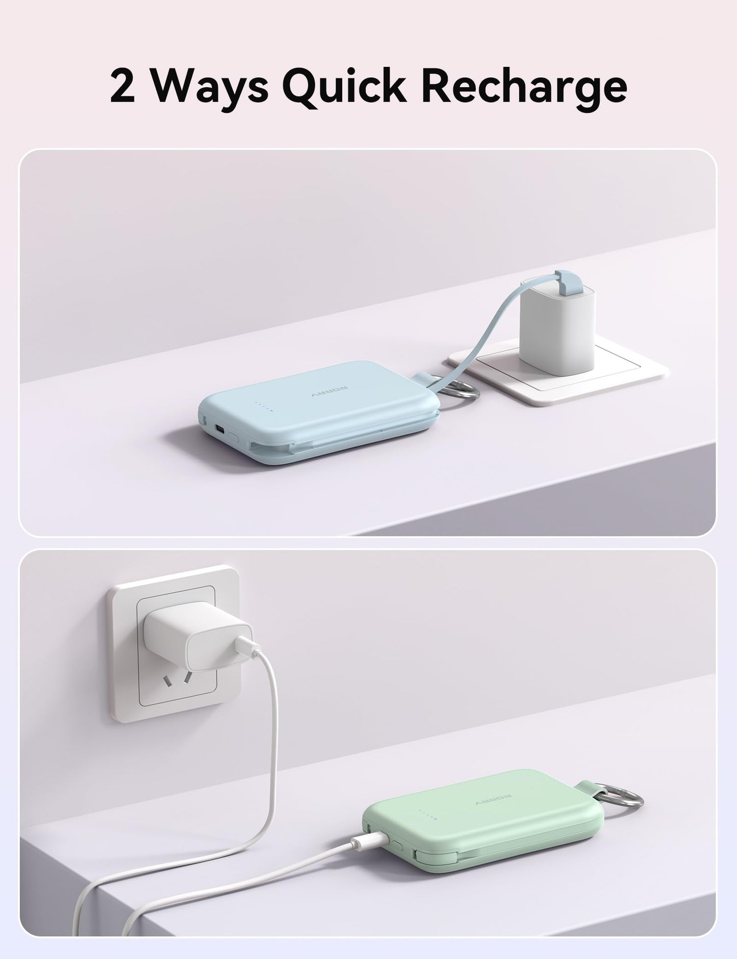 RORRY Portable Charger, 10000mAh PD 30W Fast Charging Portable Charger Power Bank with Built-in Cables, Travel Keychain Charger Battery Pack for iPhone 17/16/15/14/13/12, for AirPods 2/3/4/Pro, Green