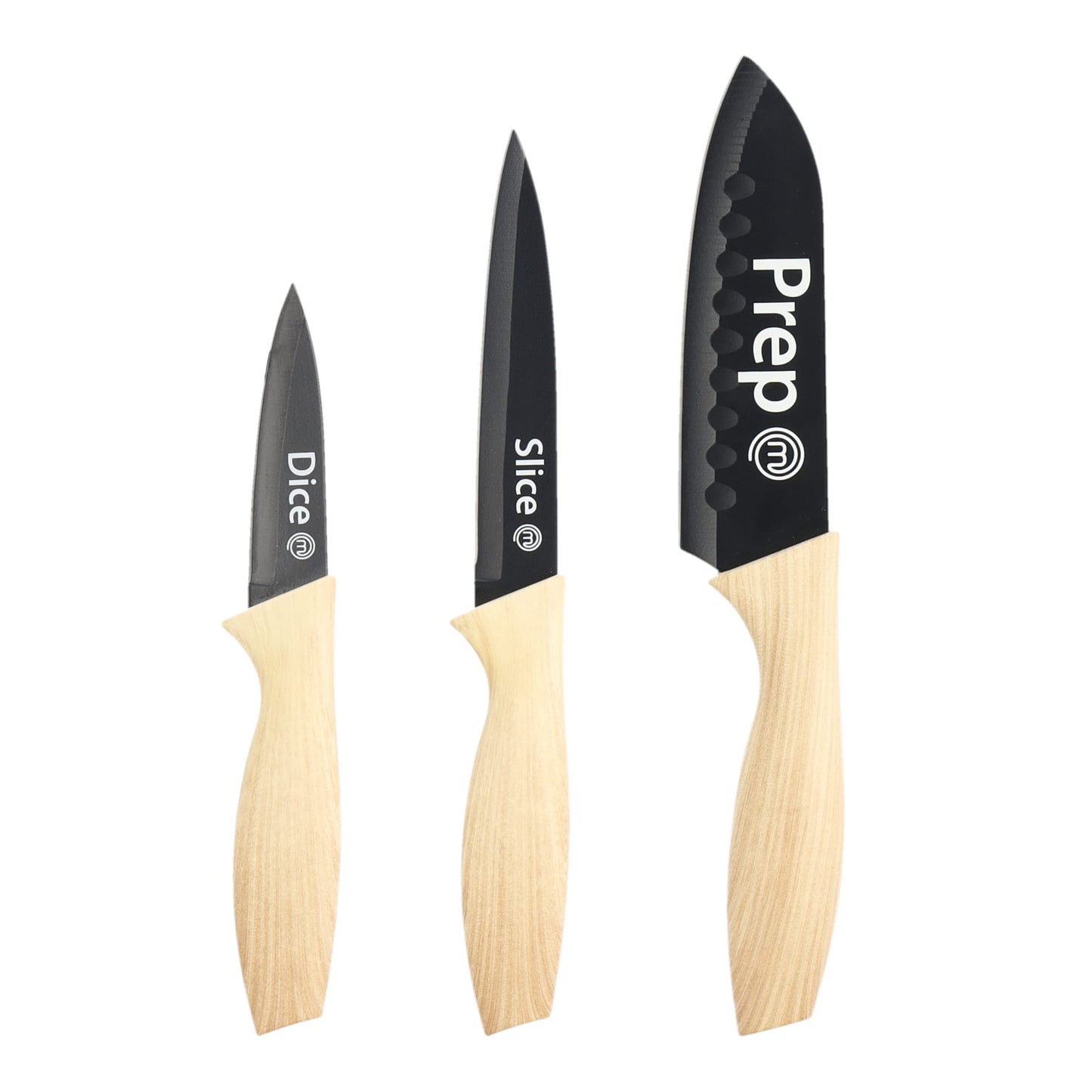 MasterChef Knife Set of 3 Kitchen Knives for Cooking (Chef, Paring & Utility), Professional Sharp Stainless Steel, Non Stick Blades & Soft Touch Handles, Easy Grip, Natural Collection, 3 Piece