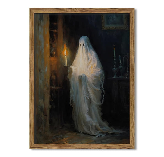 Framed Vintage Halloween Ghost Canvas Wall Art, Spooky Ghost Holding Candle Pictures Wall Decor, Moody Gothic Dark Academia Paintings Prints Horror Home Decor for Living Room Bedroom 12x16 inch