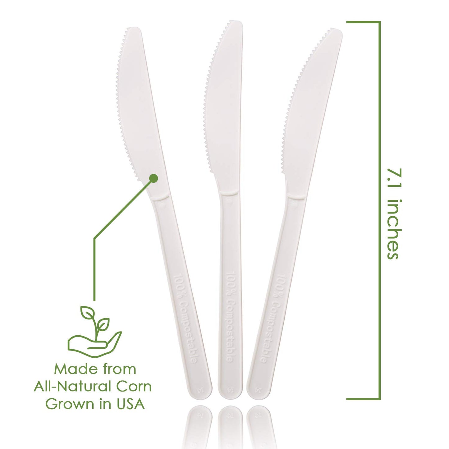 Ecovita 100% Compostable Knives - 500 Large Disposable Utensils (7 in.) Bulk Size Eco Friendly Durable and Heat Resistant Alternative to Plastic Knives with Convenient Tray