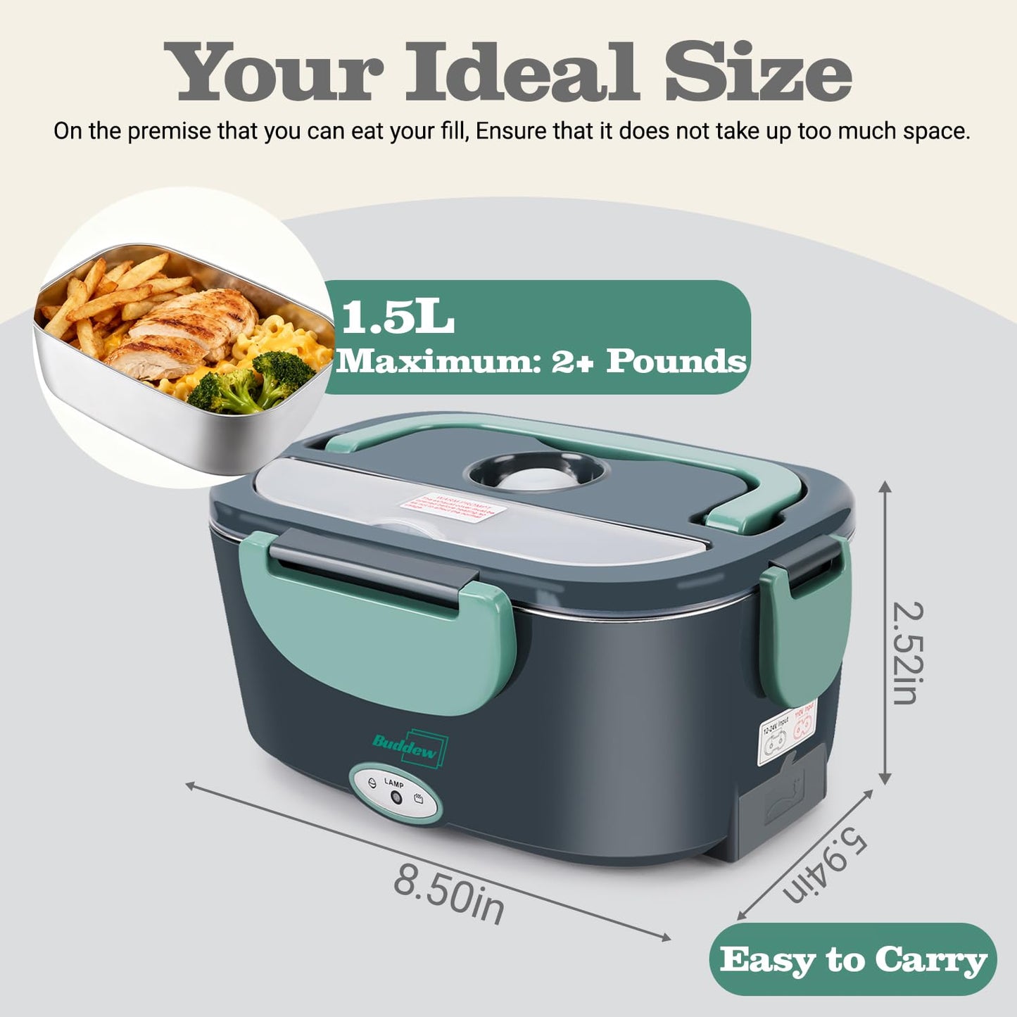 Buddew Electric Heated Lunch Box, 80W Fast Heating, 1.5L Food-Grade 304 Stainless Steel, 12V/24V/110V Portable Food Warmer for Car Truck Office Adults, Lonchera Electrica Portatil (Green)