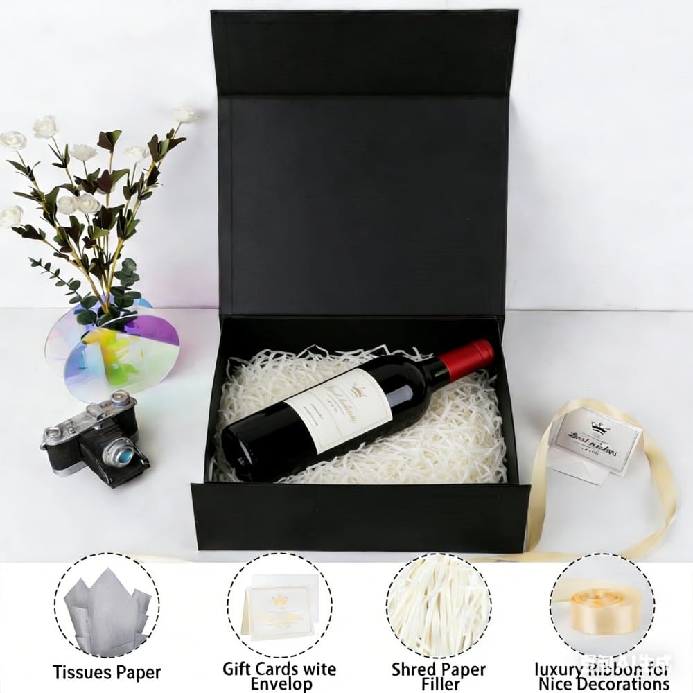 UoeRing 1 Pcs Black Gift Box Large 13.5x11.8x4.7 inch Luxury Birthday Gift Box for Presents with Magnetic Closure Lid Collapsible,Contains Card, Ribbon, Tissue Paper,Shredded Paper Filler
