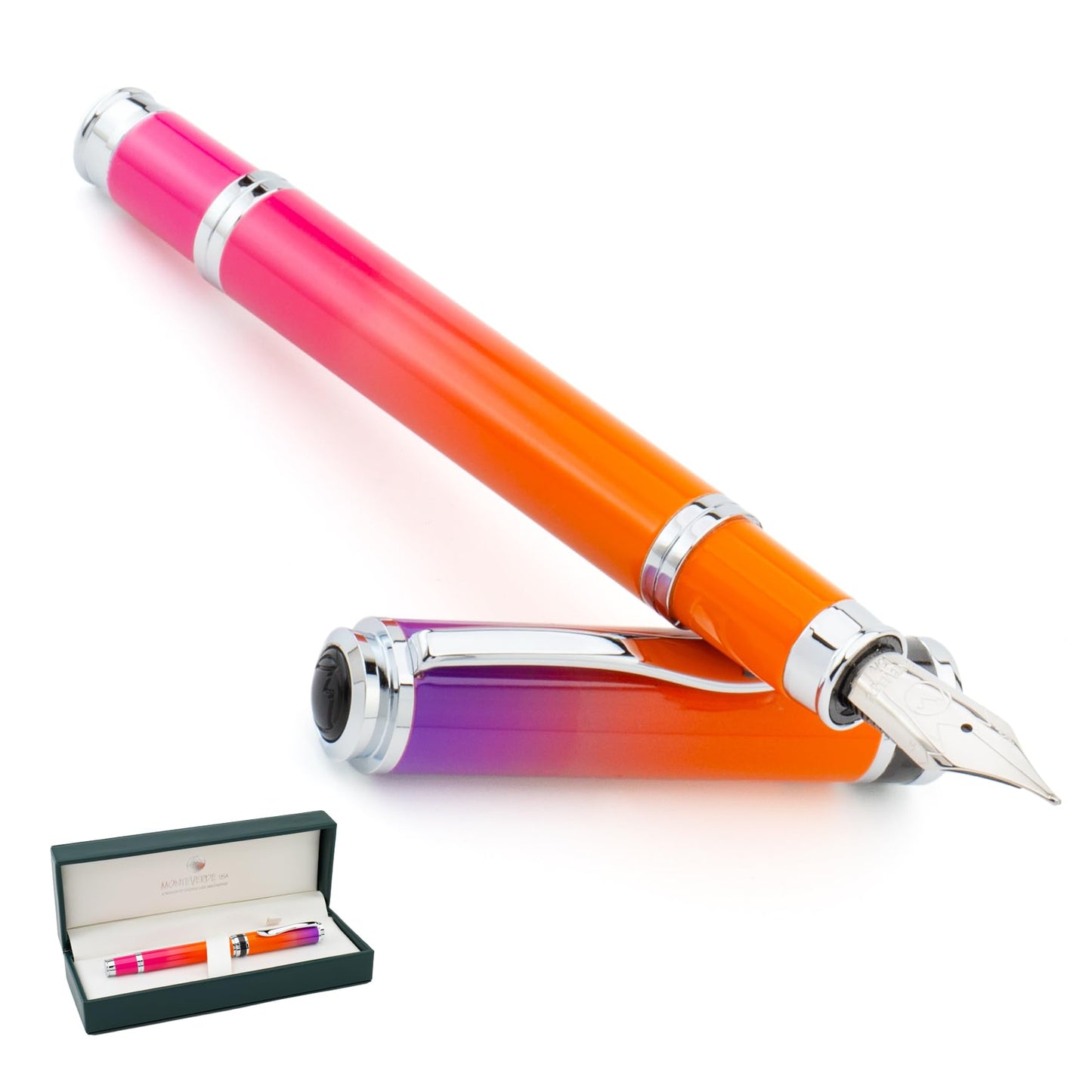 Monteverde USA Innova Ombre Fusion Harmony (Purple/Orange/Pink Gradient Finish) Fountain Pen - Stub Nib, Refillable, Gift Case, Luxury Pen