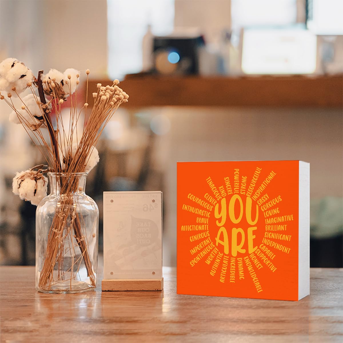 Inspirational Wood Box Sign You Are Sun Wooden Block Signs Motivational Quote Desk Décor for Home Office Bedroom Table Décor-Orange Positive Desk Decor
