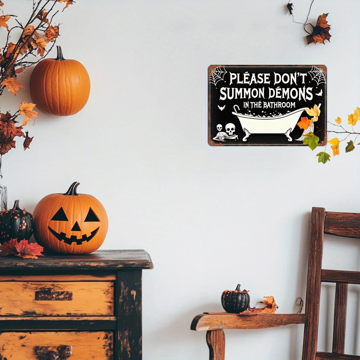 Please Don't Summon Demons in the Bathroom Halloween Retro Metal Tin Sign Wall Art Decor for Home Farmhouse Halloween Bathroom Party 8x12 Inch