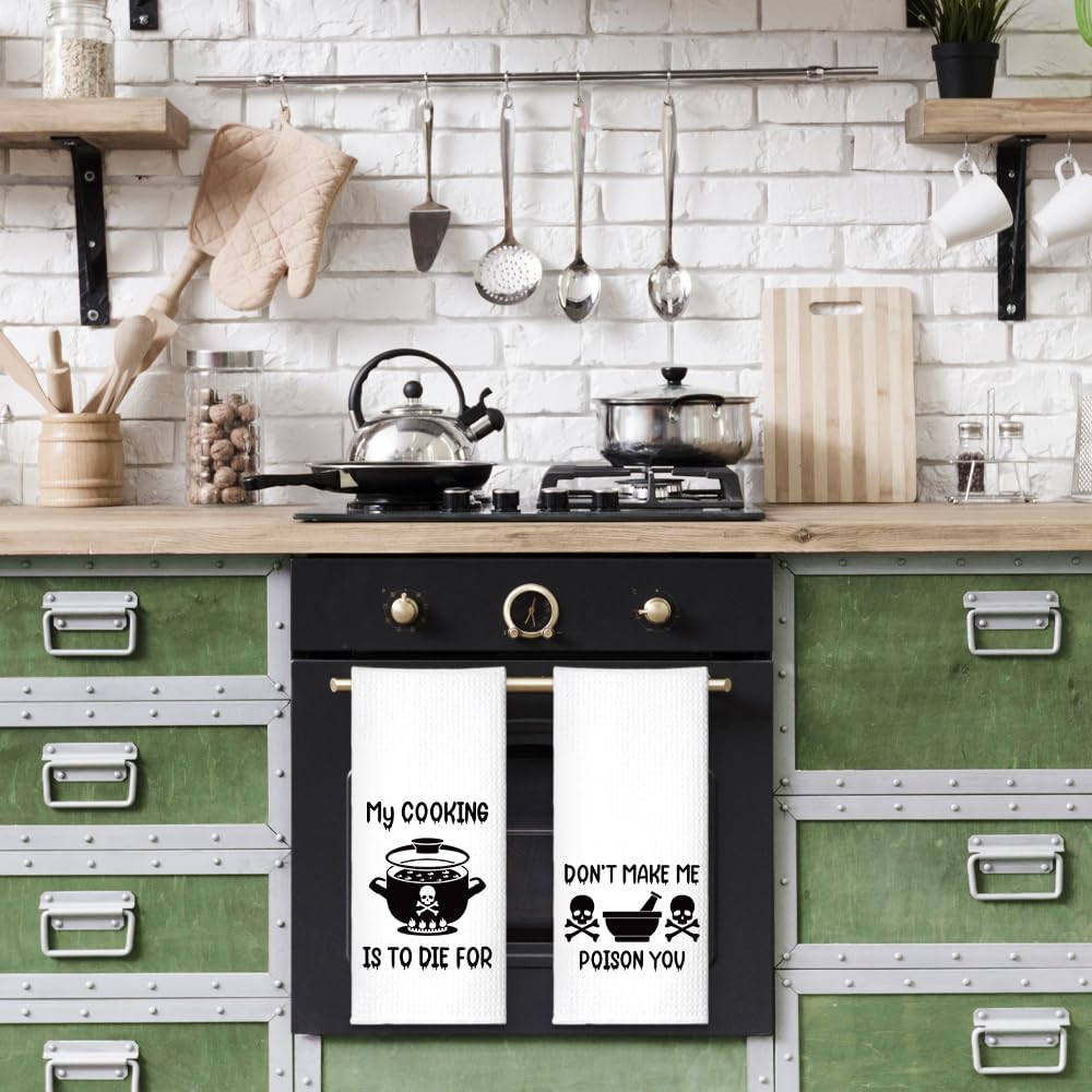 ZBBFSCSB Don’t Make Me Poison You Kitchen Towels 2 Pack, Sarcastic Halloween Horror Kitchen Decor, Funny Dish Towels Gifts for Women Mom Hostess, Thanksgiving New Home Gifts for Neighbor Friend