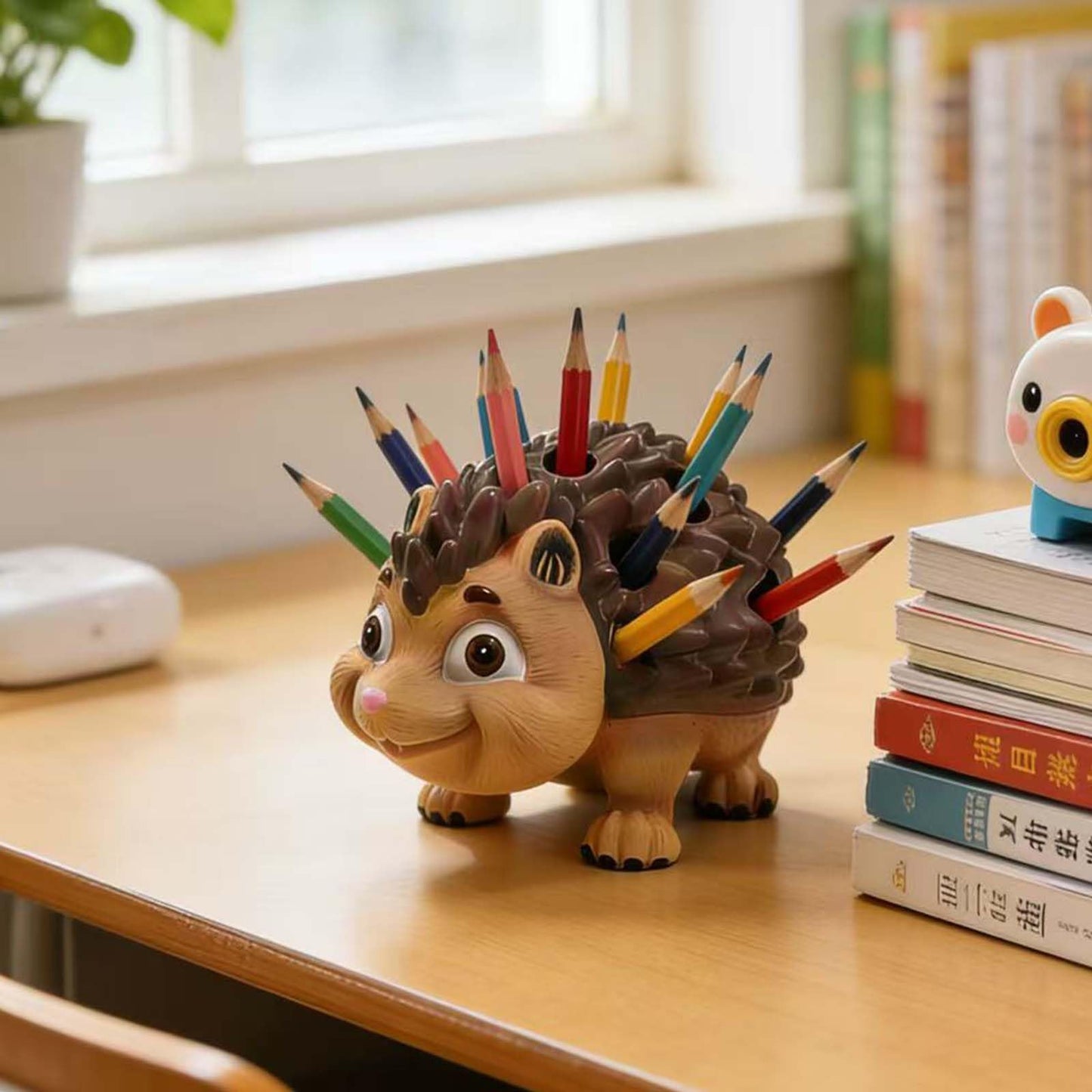 Daoofukeji Pen Holder for Desk Pencil Holder Wooden Hedgehog - Resin Hedgehog Shaped Pen Container Desk Organizer Decoration for Office Desk Home Decorative Animal Pen Holder Funny Gifts for Kids