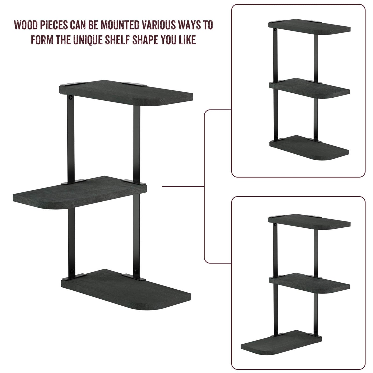 Love-KANKEI Corner Shelf Wall Mount of 3 Tier Rustic Wood Floating Shelves for Bedroom Living Room Bathroom Kitchen Office and More Black
