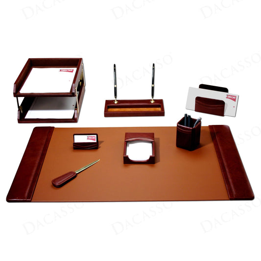 Dacasso Mocha Leather 10-Piece Desk Accessory Set - Organization Essentials & Executive Decor - Luxury Leather Blotter for Office Organization