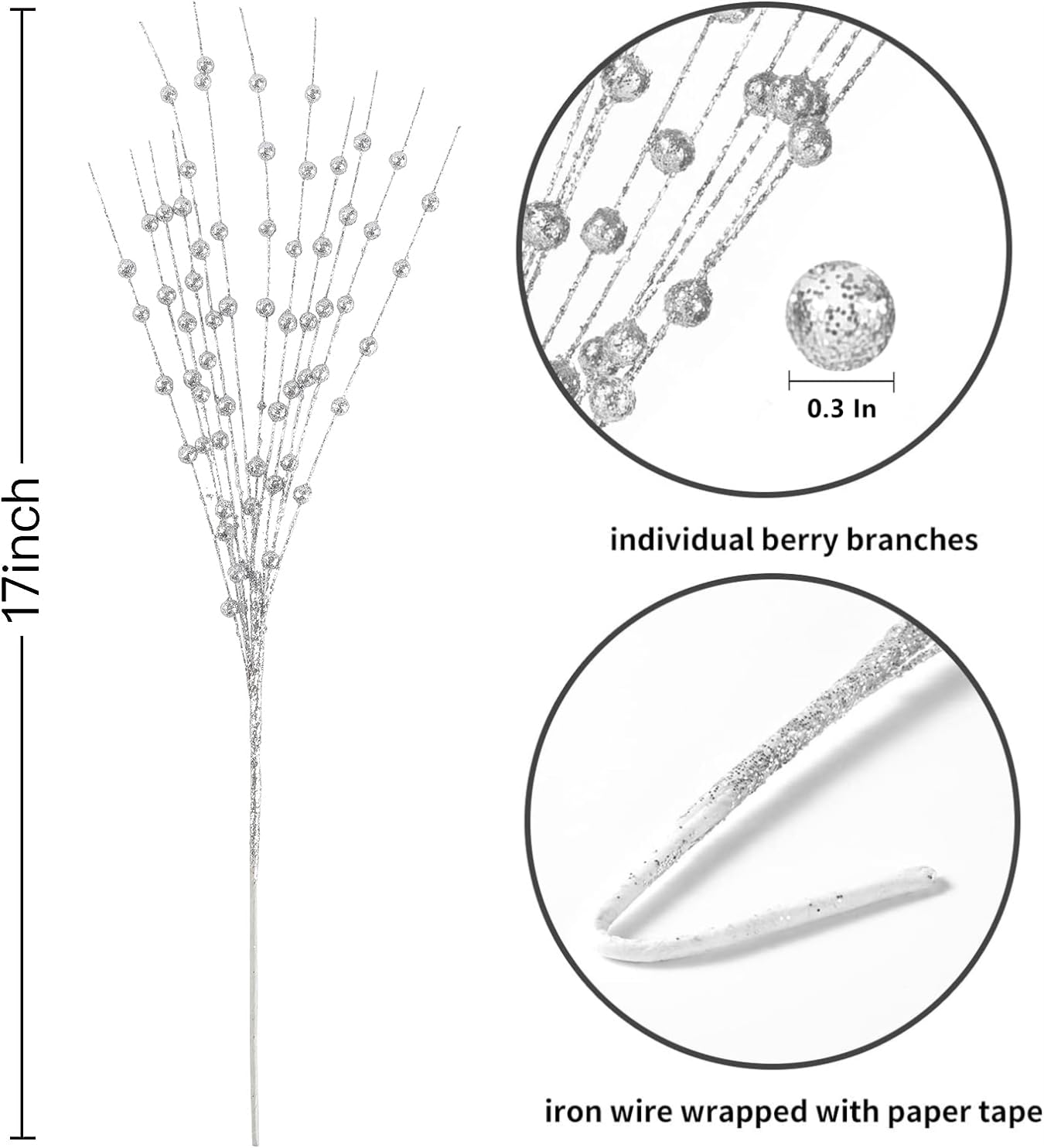 Artificial Glitter Berry Stems Silvery Decorations 17 Inch, Fake Berries Bead Sticks Pick for Halloween Christmas Ornaments Glittery Berries Xmas Tree Wreath Vase Filler Home Decor - Silver 10 Pack
