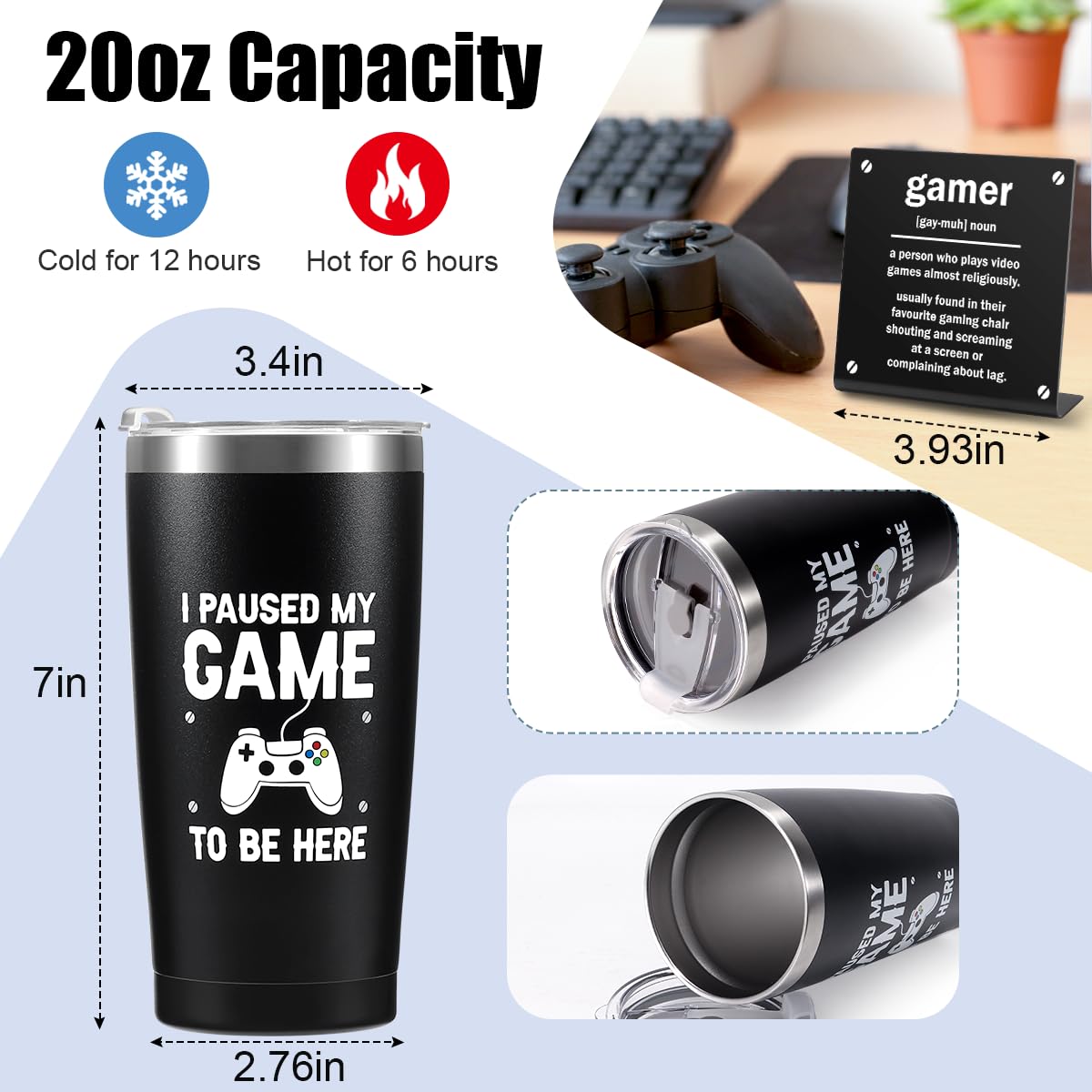 Easter Basket Stuffers Essentials Gamer Gifts for Men Boyfriend Teenage Boy Birthday Gifts Box Year Old Kids Son Game Room Decor Christmas Gaming Gift for Him Man Video Game Lover Gamer Tumbler+Pillow