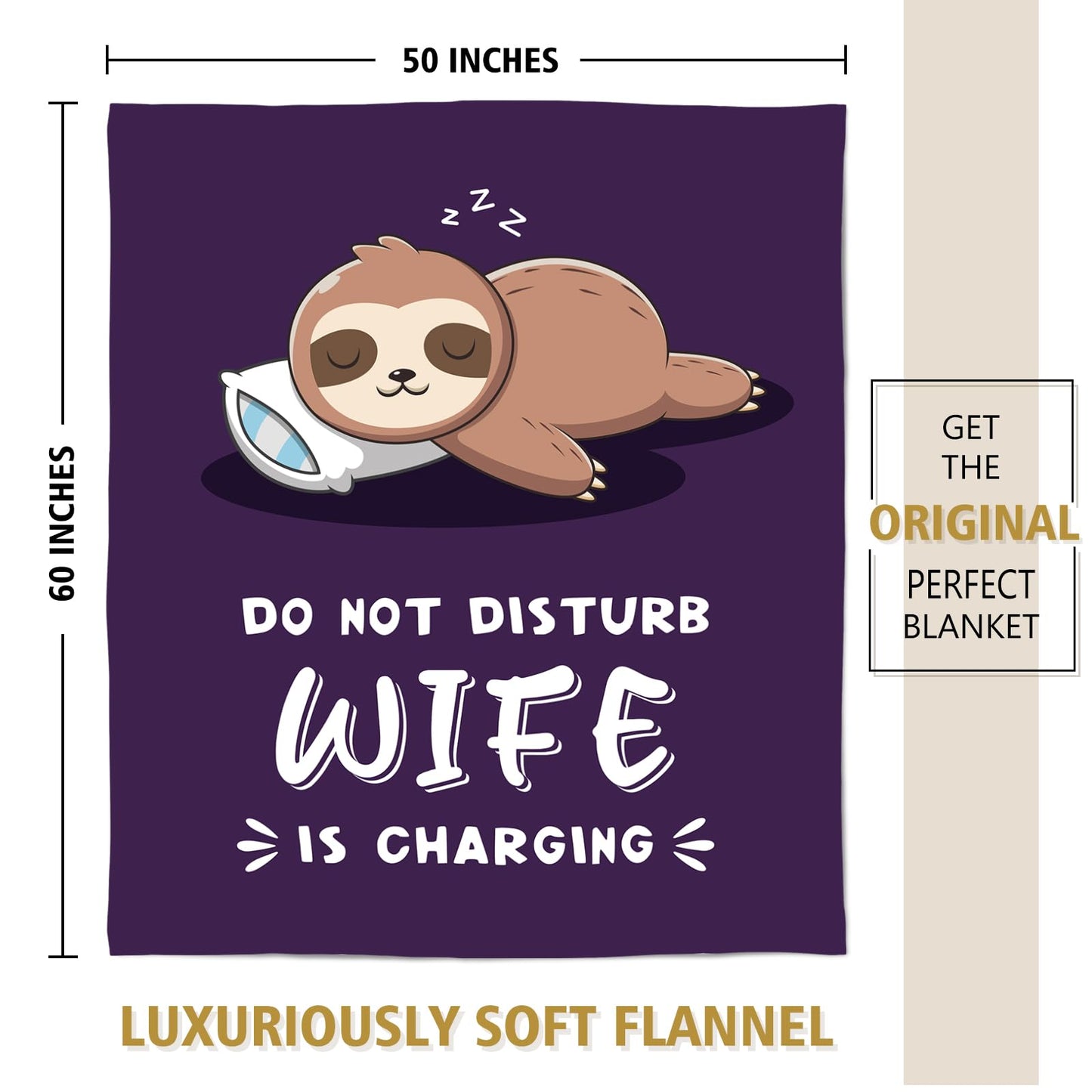 Leebbsin Funny Gifts for Wife Mothers Day, Anniversary Wedding Gifts for Wife, Wifey is Charging Sloth Blanket, Birthday Gift for Wifey from Husband, Gift for Her Christmas 60" x 50", Purple