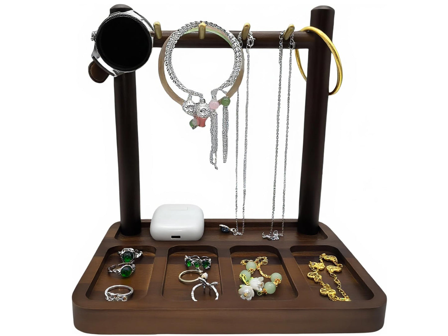 DUICIRX Jewelry Organizer Stand, Jewelry Holder, Earring Holder with 4 Hooks Necklace Organizer Wood Box for Necklace Bracelet Earring Ring (Walnut, 8.5" D x 6.1" W x 8.7" H)