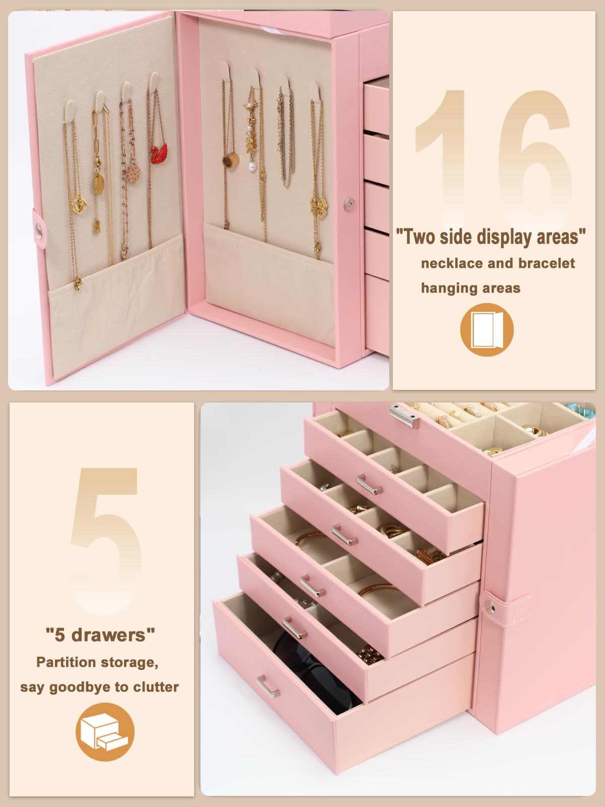 BOOVO Jewelry Box For women, 6 Layer Large Jewelry Organizer With Mirror, Multi-Function Storage Box With Lock, Necklace Holder With 5 Drawers, For Earrings Necklace Bracelet (Silver and Pink)