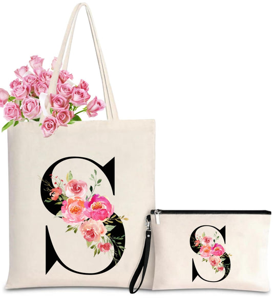 Initial Canvas Tote Bag for Women, Personalized Monogrammed Tote Btags with Makeup Gift Bag for Wedding Bridesmaids Bride Birthday Mother's Day