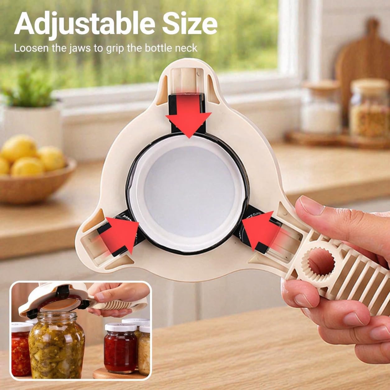 4-in-1 Multi-Purpose Jar Opener – Upgraded Adjustable Three-Claw Bottle Opener with Non-Slip Teeth, Multi-Size Lid Tool for Jars, Cans, Wine Bottles – Essential Kitchen Helper（Brown）