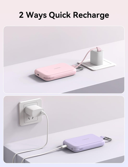 RORRY Portable Charger, 10000mAh PD 30W Fast Charging Portable Charger Power Bank with Built-in Cables, Travel Keychain Charger Battery Pack for iPhone 17/16/15/14/13/12, for AirPods 2/3/4/Pro, Pink
