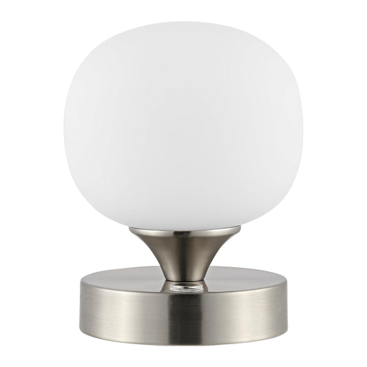 JONATHAN Y 6.13" Nickel/White Modern Cordless Rechargeable LED Table Lamp, Frosted White Glass Shade, Touch Dimmable Mini Accent Light for Bar, Bedroom, Nightstand (JYL7112B)