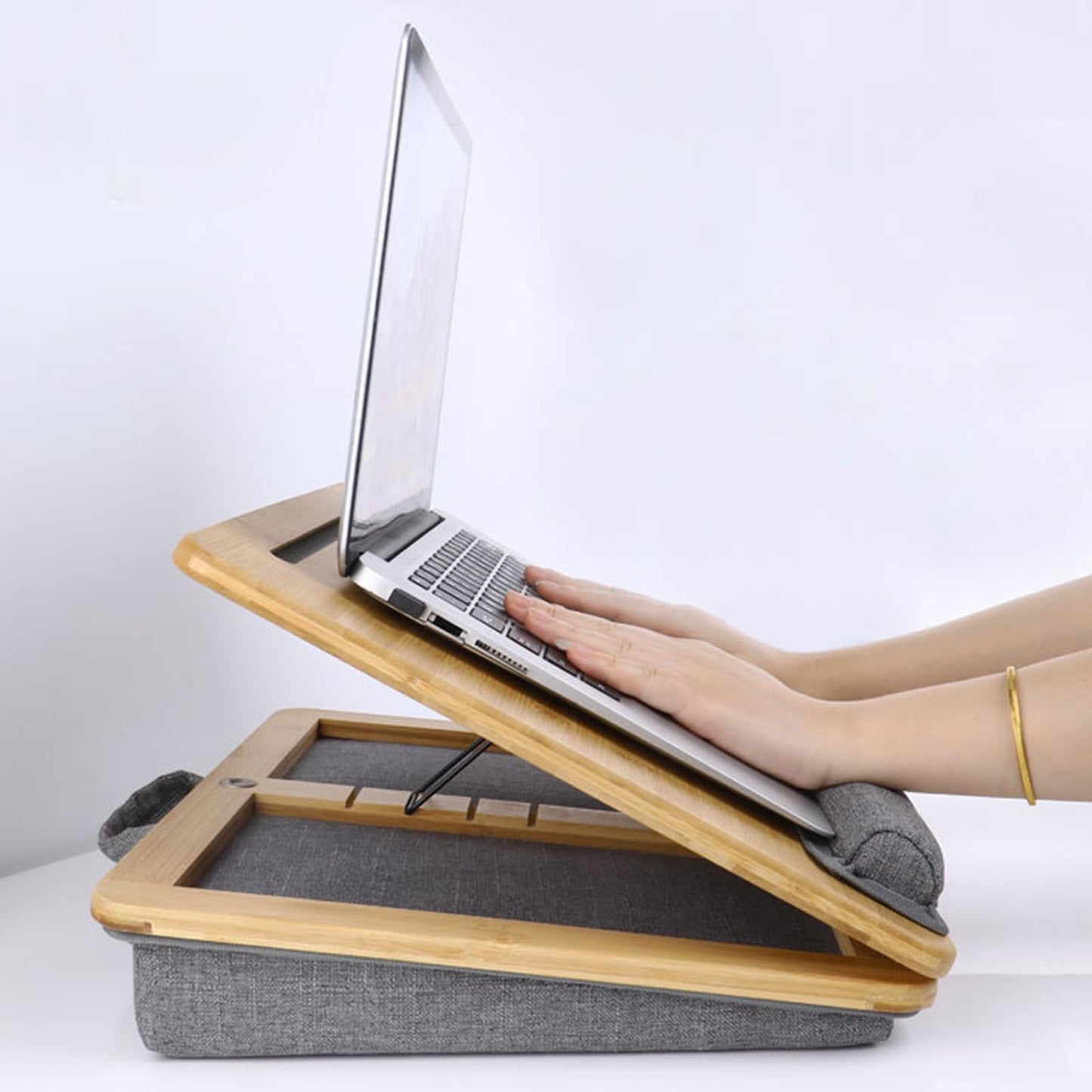 SUMISKY Adjustable Lap Desk-Portable Laptop Stand with Cushion, Bamboo Platform with Phone Holder, Wrist Pad Fits up to 15.6 Inch Laptops