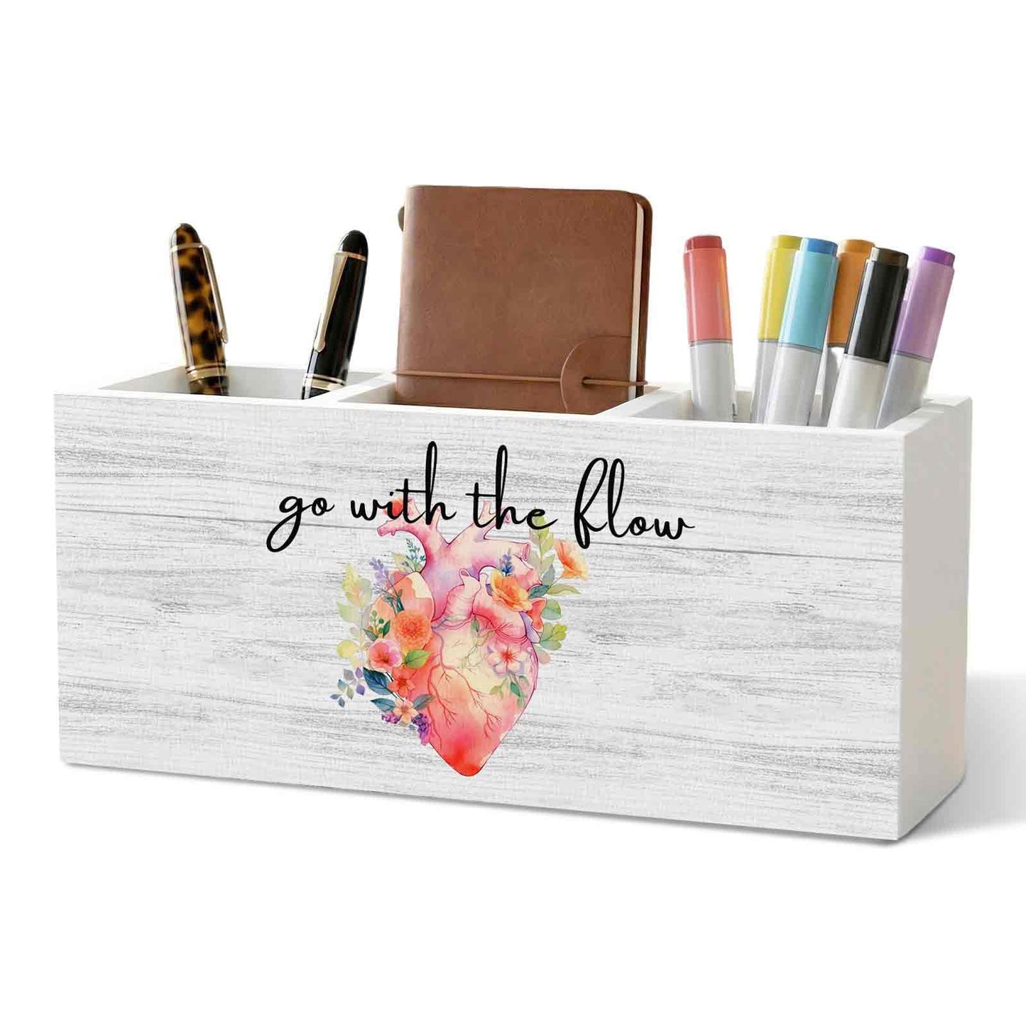 XINCEYWJ Nurse Office Pencil Pen Holder for Desk Organizer, Nurse Appreciation Gifts, Nursing Week Gifts, Go with the Flow Flower Heart Wooden Box Decorations for Office Desk Tabletop Decor