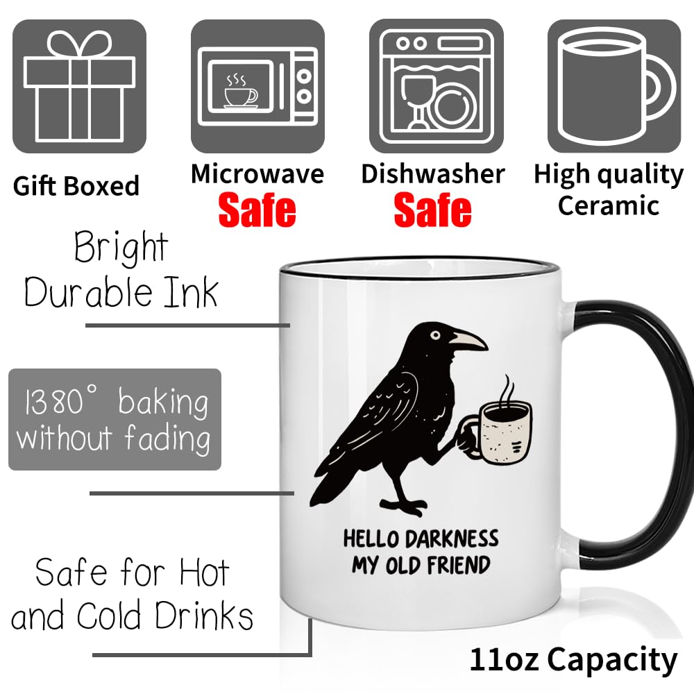 Kadiak Novelty Crow Mug Gift for Bird Lovers and Coffee Lovers 11oz - Hello Darkness My Old Friend, Bird Mug， Funny Raven Crow Coffee Mug Gifts for Women Men