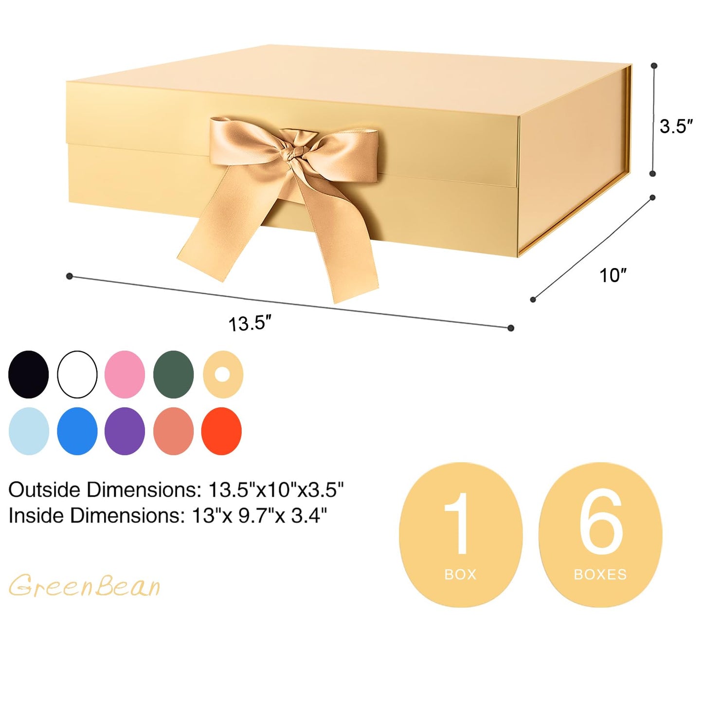GREEN BEAN Large Gift Box with Lid for Present 13x9.7x3.4 Inches, Gold Magnetic Luxury Gift Box with Ribbon, Christmas Bridesmaid Proposal Gifts Box (Glossy Gold)