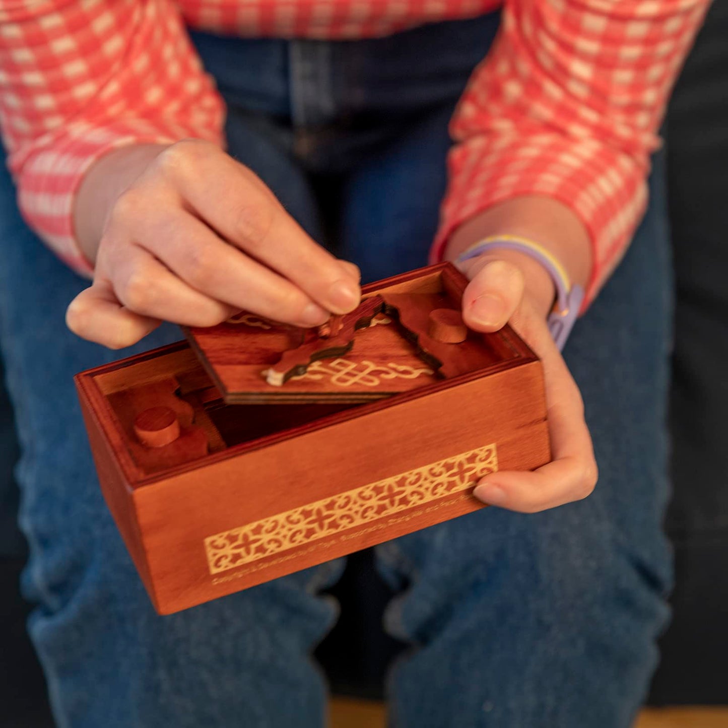 Bits and Pieces Secret Money Puzzle Box - Camouflage Your Cash Money Holder - Wooden Brain Teaser - Wooden Secret Hidden Compartment (Greek Puzzle Box)