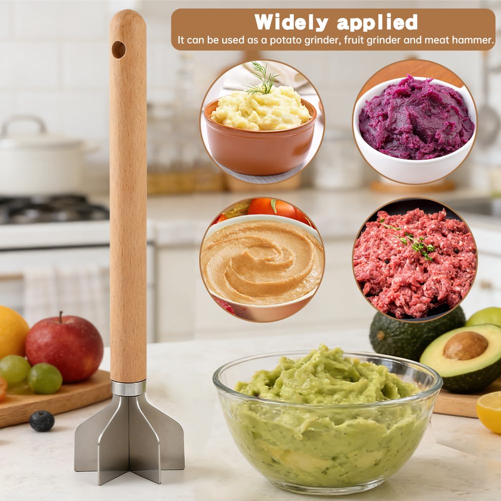 Stainless Steel Meat Chopper with Potato Masher, Kitchen Gadgets 4-Blade Ground Beef Chopper Potato Masher Hamburger Smasher Tool for Meat Vegetables Avocado Potatoes Beans(COLOR:Silver)