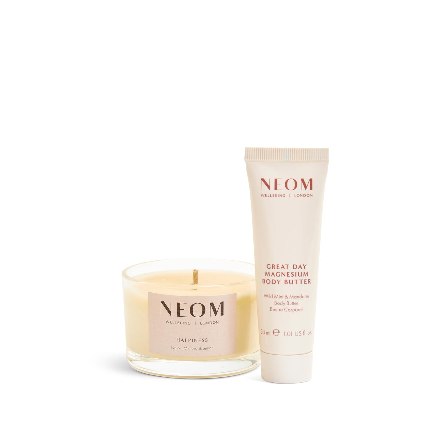 Neom Feel Good Mood Boost Duo Gift Set I Contains: Happiness Travel Candle 75g, Great Day Magnesium Body Butter 30ml I 100% Natural Scent I Sprinkle Happy Vibes