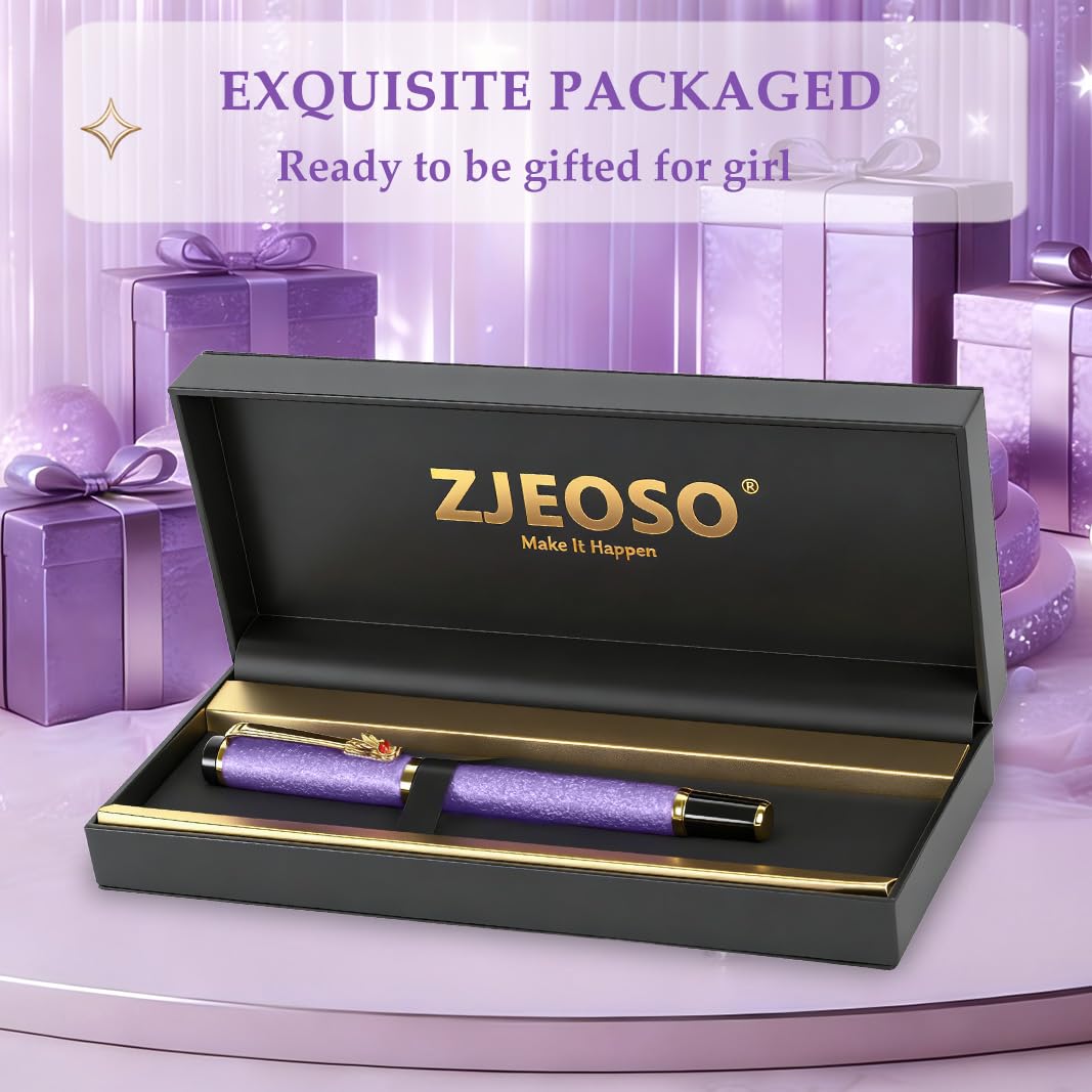 ZJEOSO Fancy Pens for Women, Nice Rollerball Pens with Dragon Design, Elegant Gift Pen, Office & Signature Writing Pen, Refillable Black Ink Business Pen (Purple)