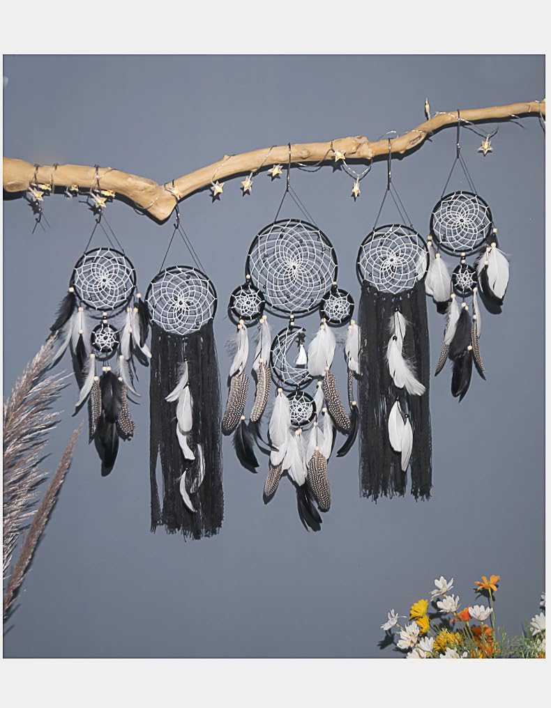 5 Pack Moon Phase Dreamcatcher Set Boho Wall Decor, Boho Macrame Wall Hanging Dream Catchers, for Home, Bedroom, Living Room, Witchy Gifts (Black Purple)