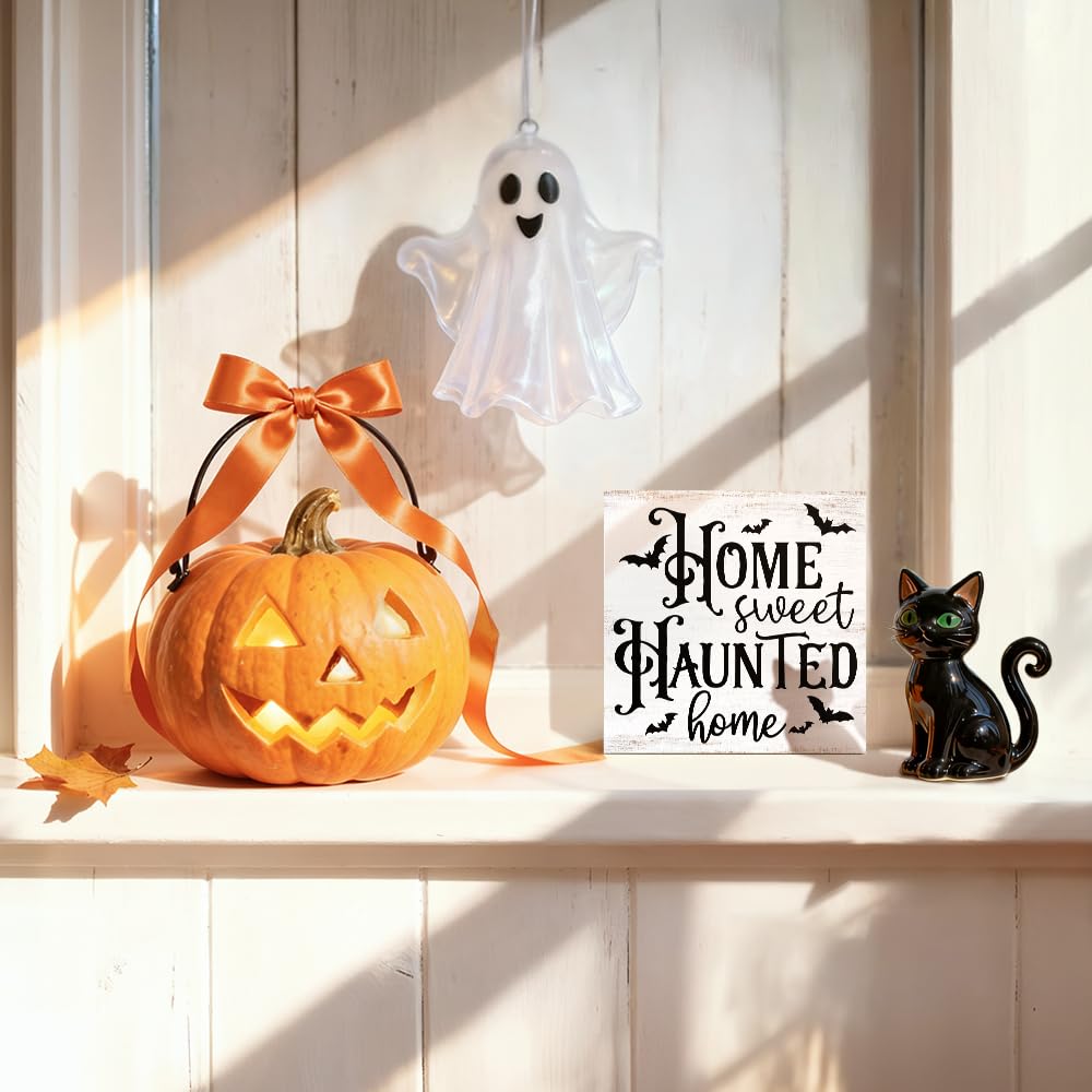Sixrip Home Sweet Haunted Home Halloween Wooden Box Sign, Funny Halloween Office Desk Decor for Family Friend Coworker, Bat Wooden Box Sign Plaque for Shelf Bathroom Table Indoor