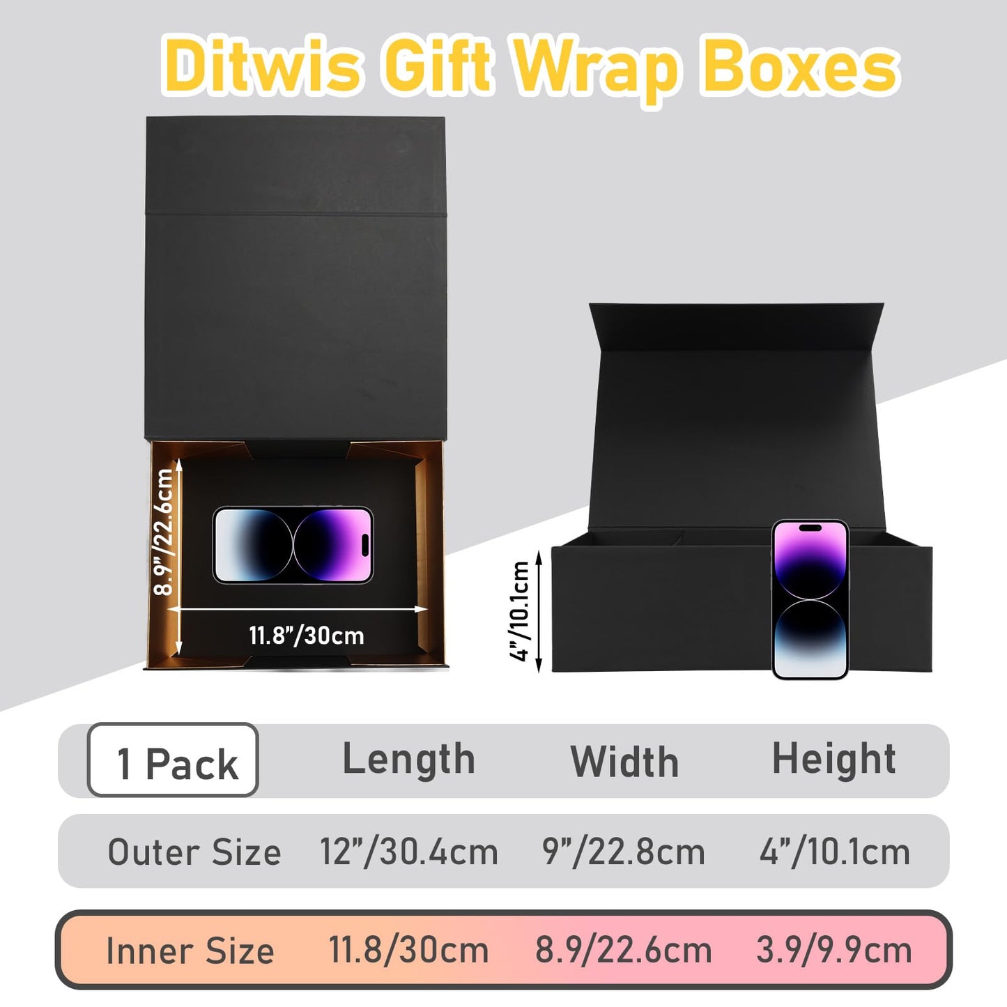 Ditwis 12x9x4 Inches Gift Box with Magnetic Closure Lid, Black-Gold Magnetic Box for Wedding, Groomsmen Bridesmaid Proposal, Birthdays, Mother's Day