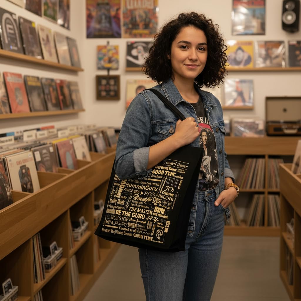 HumminGuru Heavy-Duty Vinyl Record Tote Bag | 16oz Premium Cotton Canvas LP Carrier | Holds 30+ Albums, 17” Laptop & Accessories | Ergonomic Shoulder Strap for Digging & Travel
