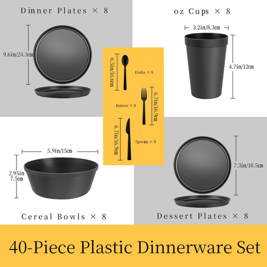 ZIVONA 40 Piece Apartment Essentials Dinnerware Set, Stackable Space-Saving Plates & Large Flat Bowls (Pasta/Salad), Modern Matte Unbreakable Plastic Dishes, Microwave Safe, Pastel