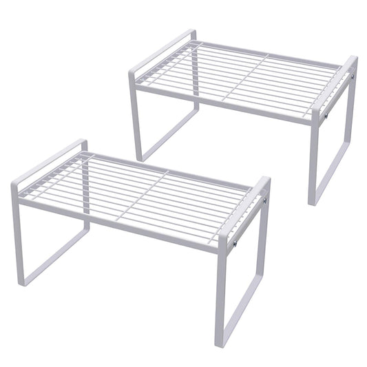Shantton 2 Pack Kitchen Cabinet Shelf Counter Organizer Rack Pantry Storage Bathroom Bedroom Office Table Desk Space Saving Steel Frame Stackable Rust Resistant Non Slip White
