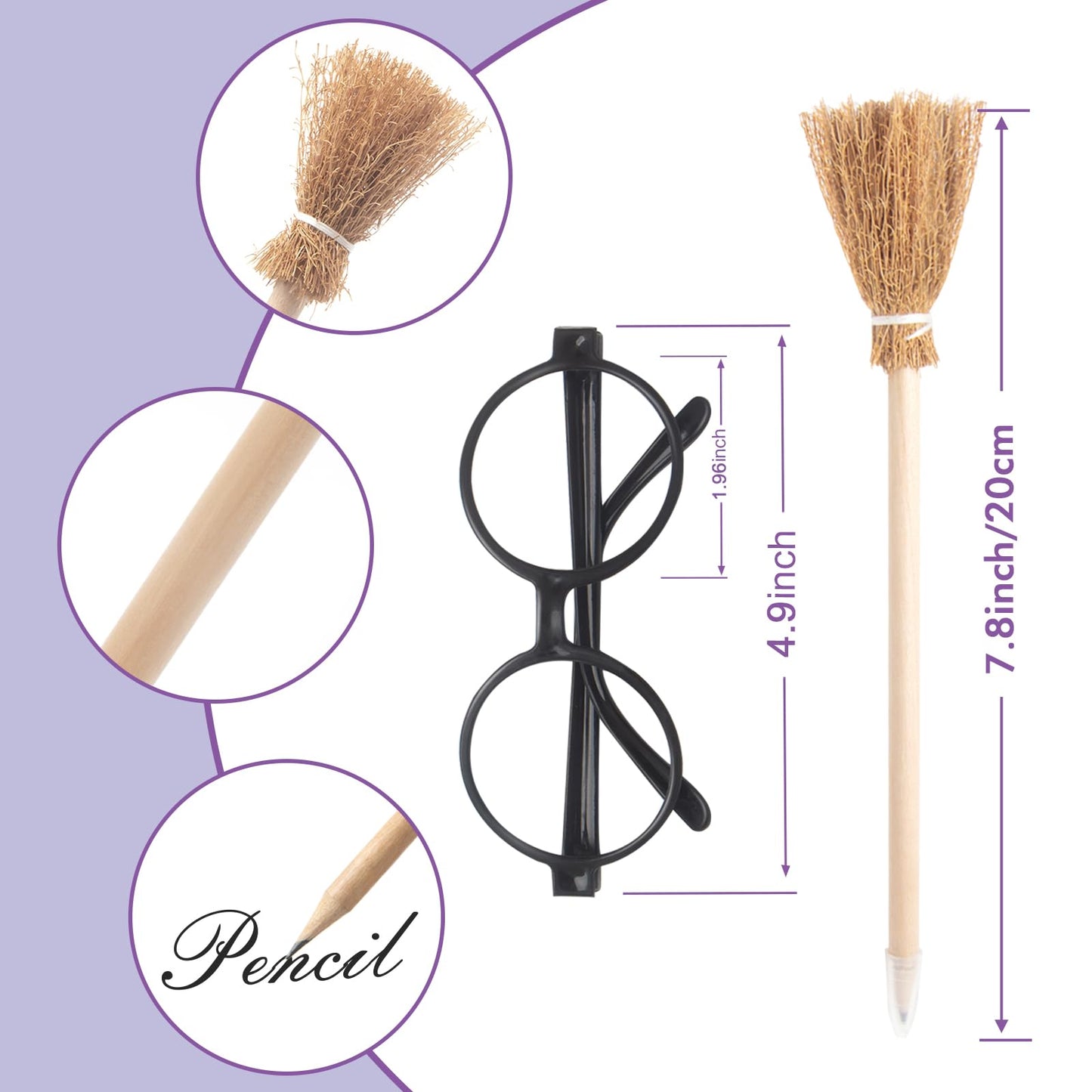 Col-Pary Party Supplies Kit -Black Round Glasses with Round Frame No Lenses, Broom Pencil, Wand Pencil for School Birthday, Halloween,Cosplay Party Decor（Each of 12 pcs ）
