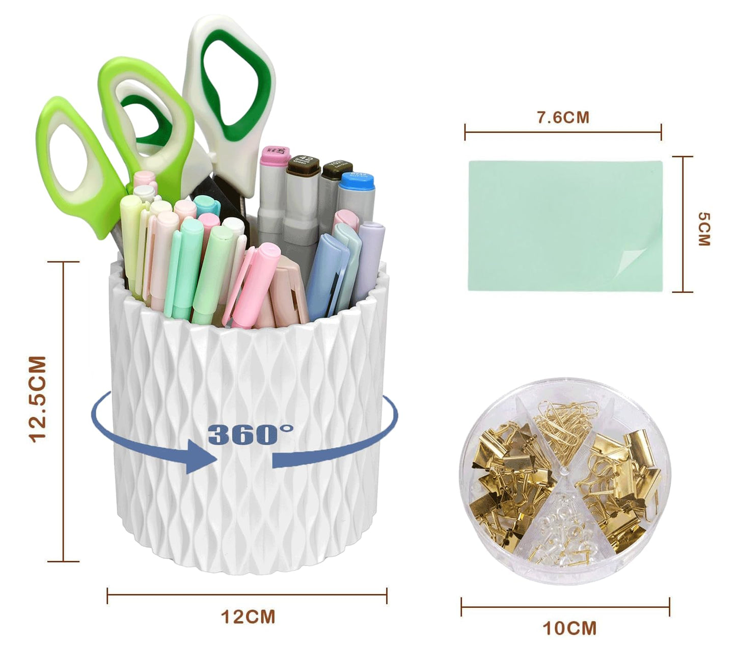 Gawsey 3Pcs 360° Rotating Desk Organizers and Accessories with Pen Holder Sticky Note and Clips Set, Desktop Storage Stationery Supplies Organizer, Cute Pencil Cup for Office, School, Dorm Room