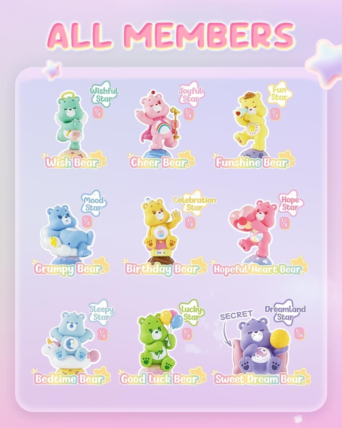 MINISO Care Bears Healing Planet Series Blind Box Soft Vinyl Toy Cute Mystery Animal Figurines, Collectible Surprise Gift Figure Model Random Design for Home Decor Birthday Gifts, Single Box
