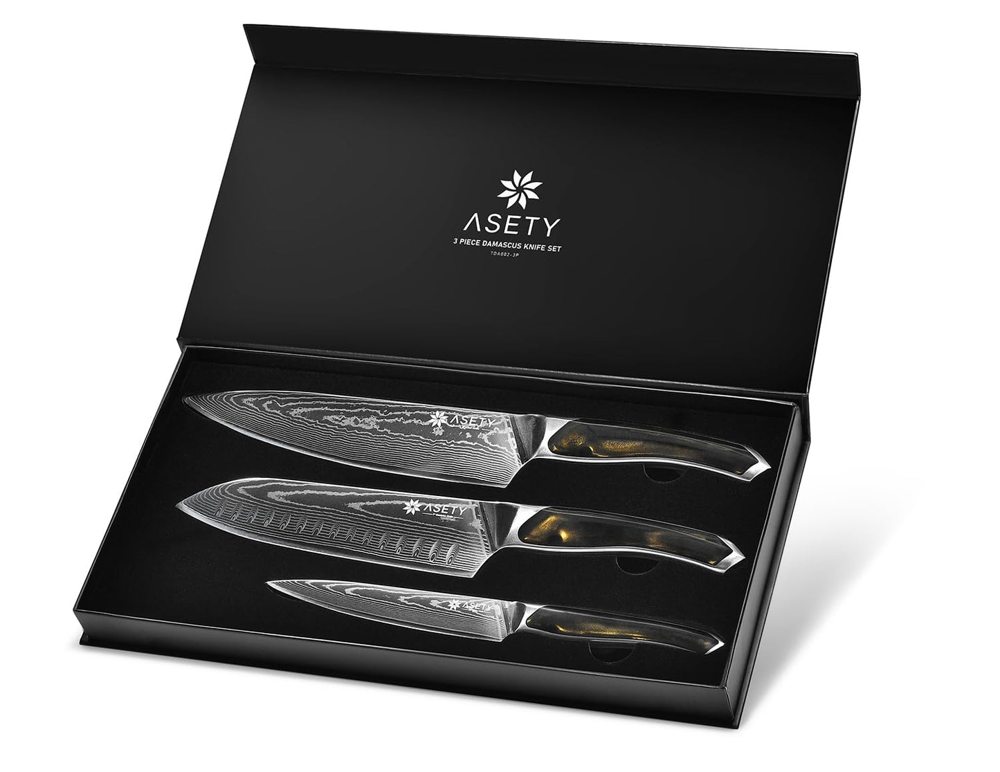 ASETY Damascus Knife Set 3 PCS: Ultra-Sharp Professional Chef Knife Set, Japanese Kitchen Knives with VG10 Steel Core, Full Tang Resin Handle, Elegant Box for Men Women, Mothers Day