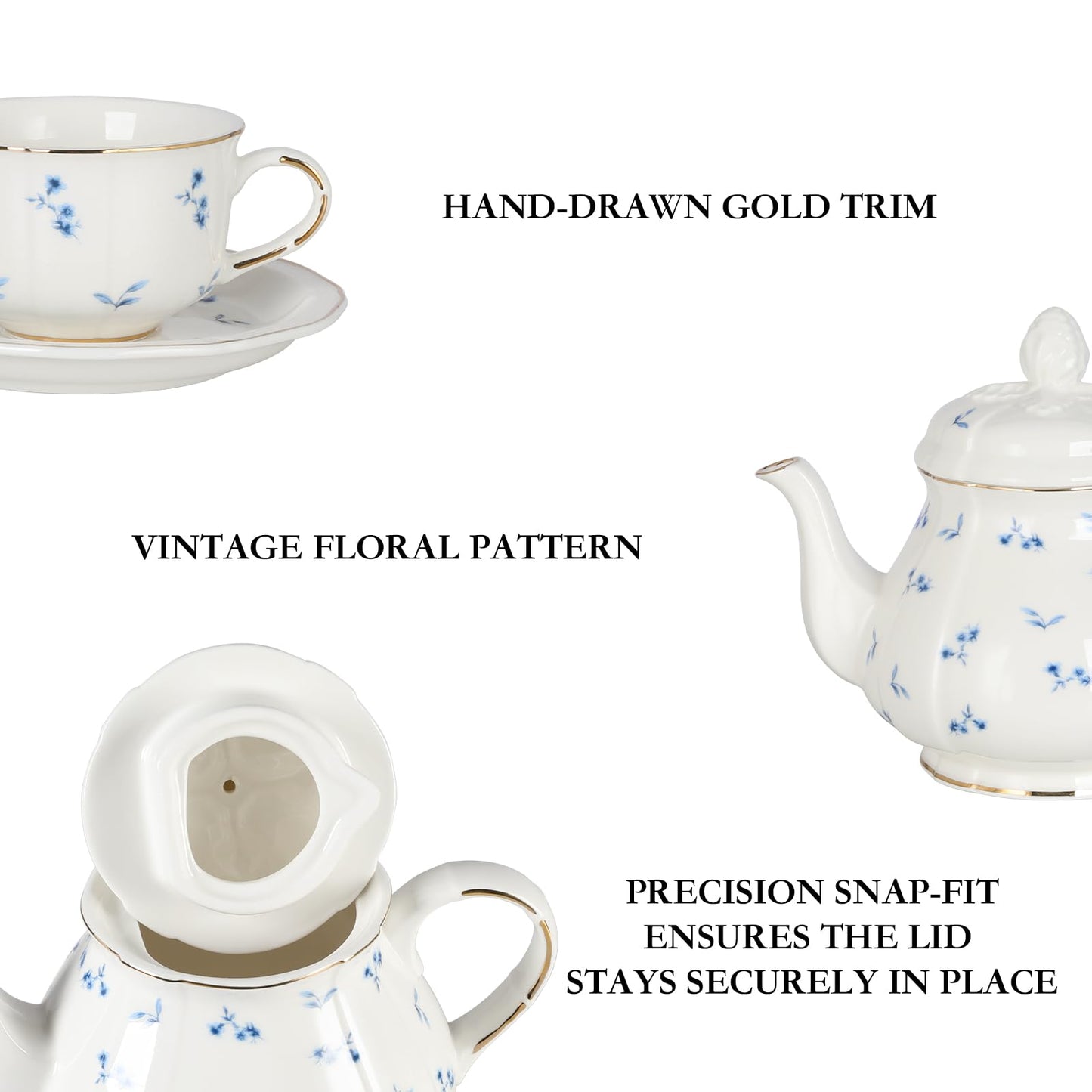 Sweejar 23 Pcs Floral Tea Sets with Metal Holder, Relief Gold Rim Porcelain Tea Sets for Adults, Cup and Saucer Set for 6, with Teapot, Sugar Bowl, Milk Jug, Spoons (Blue Flower)