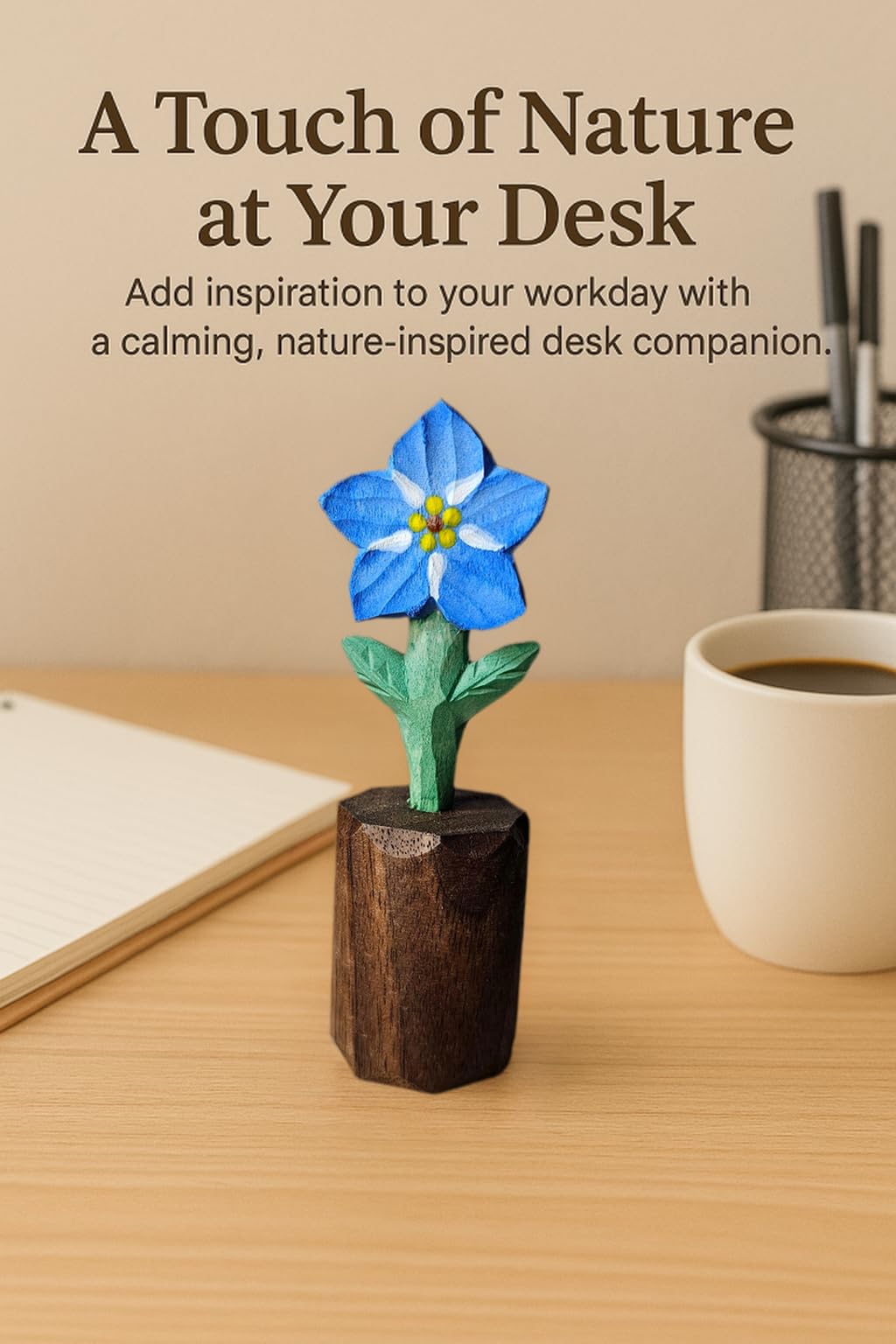 Artisan Wooden Blue Flower Figurine – Handcrafted Decorative Keepsake, Unique Gift for Her, Anniversary, Birthday, or Friendship, Natural Wood Sculpture with Gift Box Included