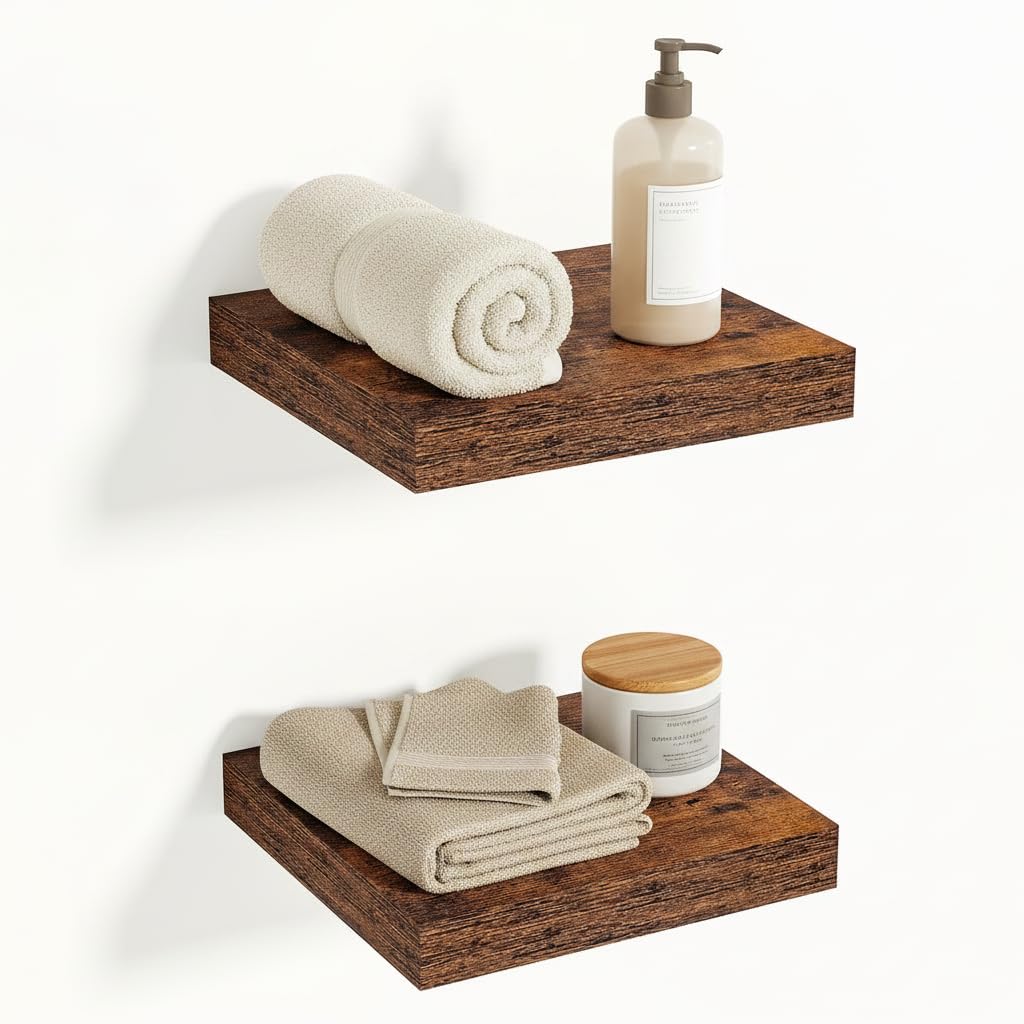 Vivelove 12x12 Floating Shelves for Wall, 12" Deep Shelves with Invisible Brackets, for Living Room Bedroom Bathroom, Farmhouse Rustic Shelves Home Decor, Set of 2, Rustic Brown