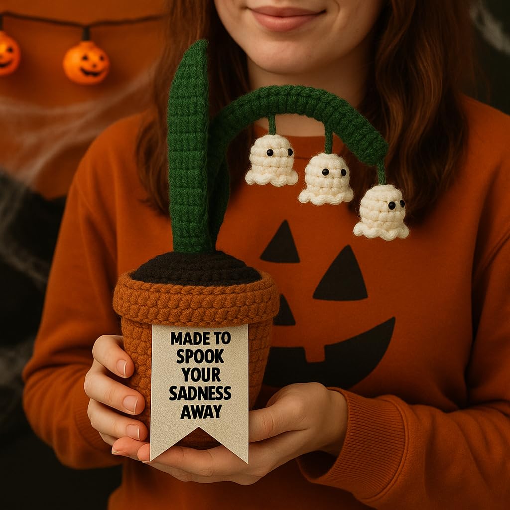 Acecare Halloween Crochet Ghost Lily of The Valley in Pot | Handmade Amigurumi Creepy Plant Decoration | Spooky Table Ornament, Trick or Treat Gift with Pumpkin Commemorative Coin
