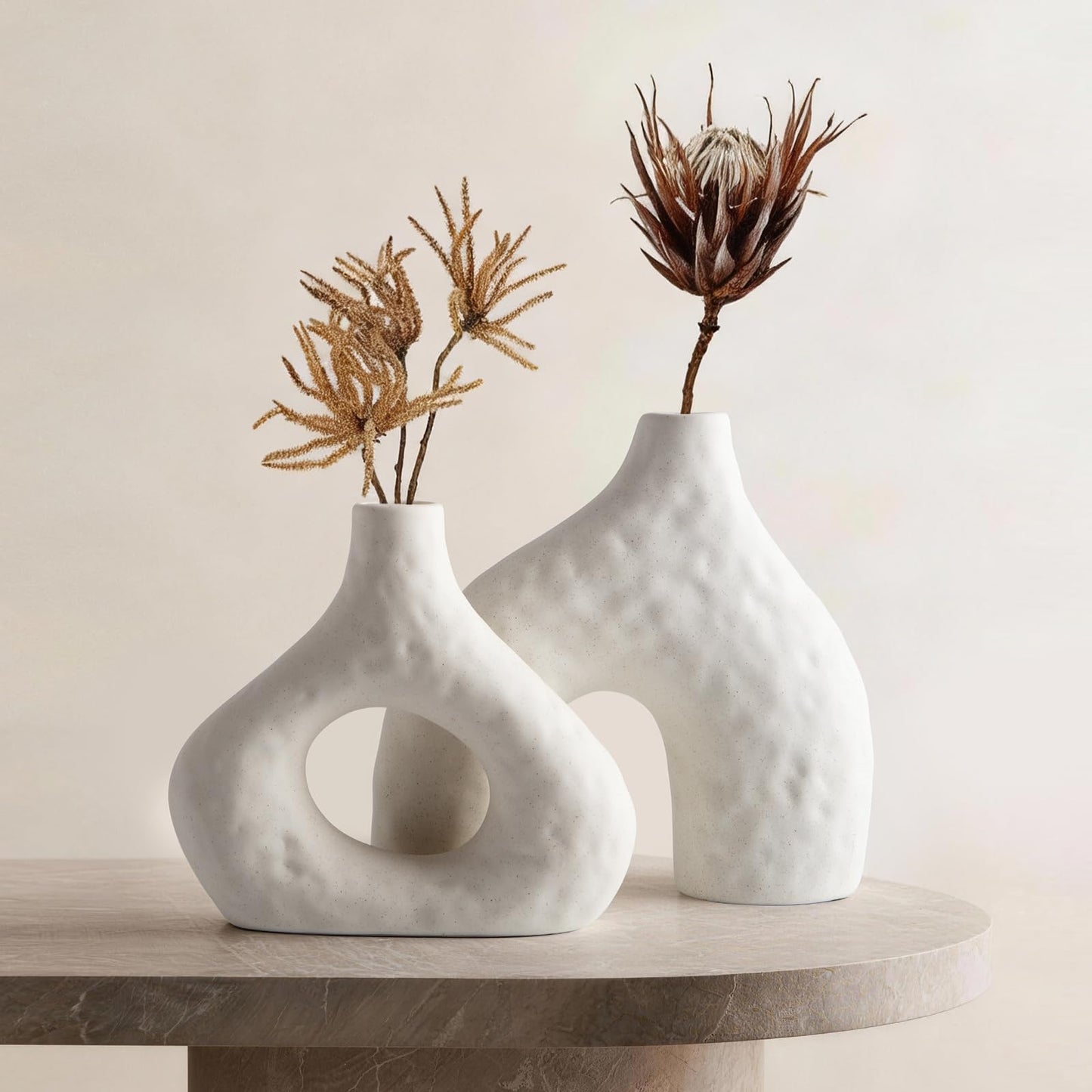 DOWAN Ceramic Vase Set of 2, 7.6" Decorative Pampas Vase for Home Decor, Modern Farmhouse Pottery Vase for Living Room Coffee Table Kitchen Bedroom Desk Entryway Mantel Book Shelf, Soft White