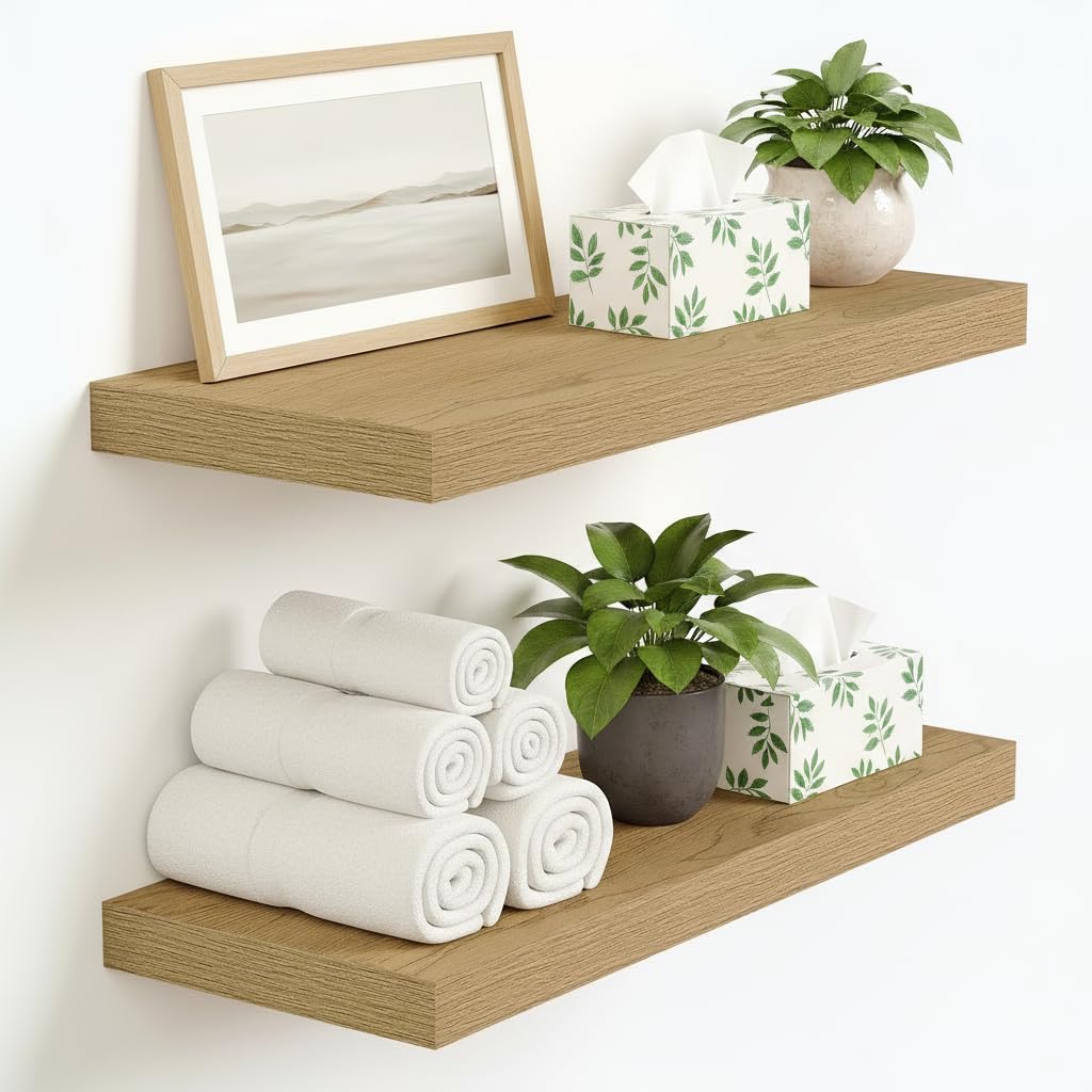 Vivelove 16 Inch Floating Shelves for Wall, 16x9 Display Shelves for Bathroom Living Room Kitchen Bedroom Office Farmhouse Home Decor - Set of 2, Oak